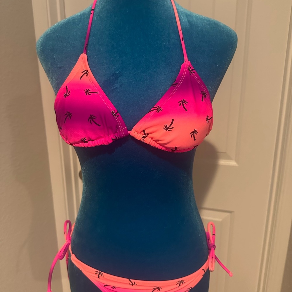 OP Pink Palm Tree Bikini Set – Small (3–5) – Padded Triangle Top